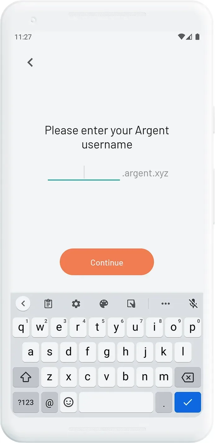 Mobile interface showing 'Please enter your Argent username' with an input field ending in '.argent.xyz' and an on-screen keyboard displayed