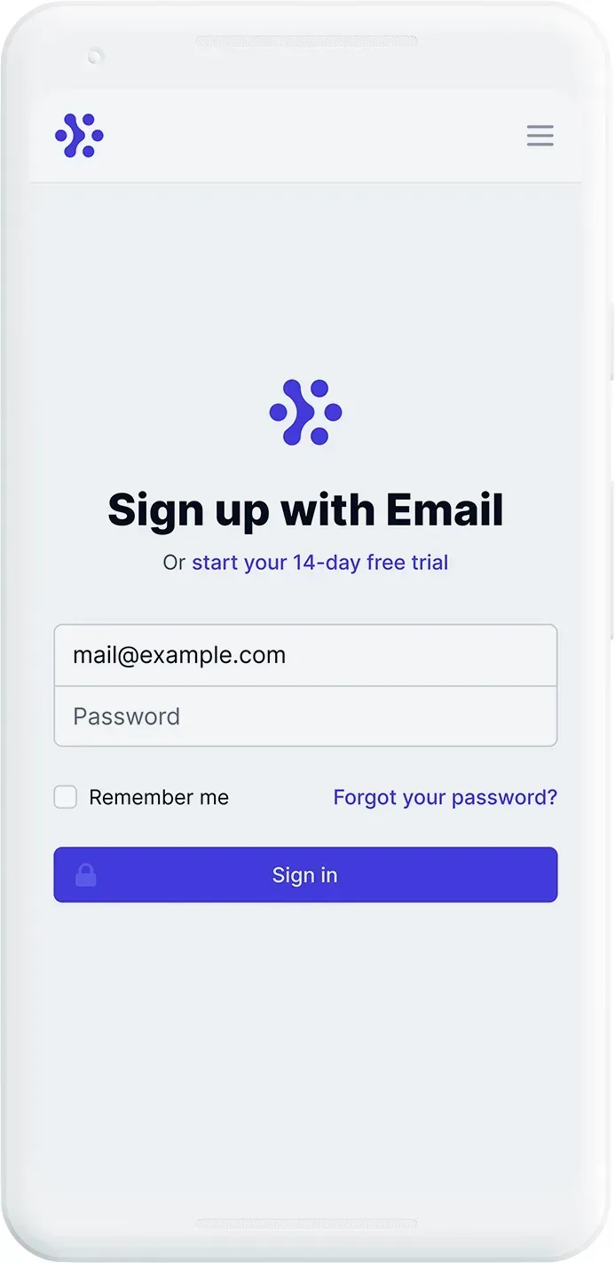 Mobile app signup screen showing 'Sign up with Email' form with email field containing 'mail@example.com', password field, remember me checkbox, and Sign in button