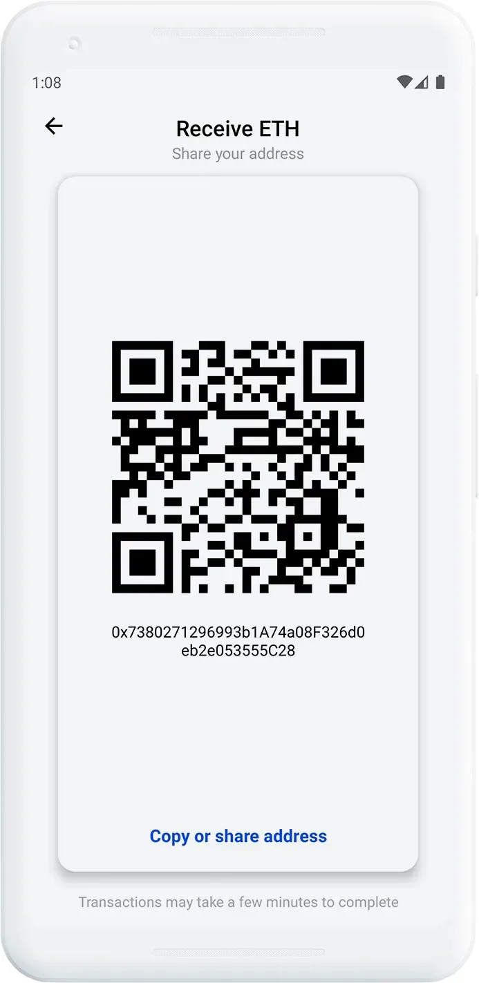 Mobile cryptocurrency wallet screen showing 'Receive ETH' interface with a QR code and the Ethereum address '0x73802712969993b1A74a08F326d0eb2e053555C28' displayed below it