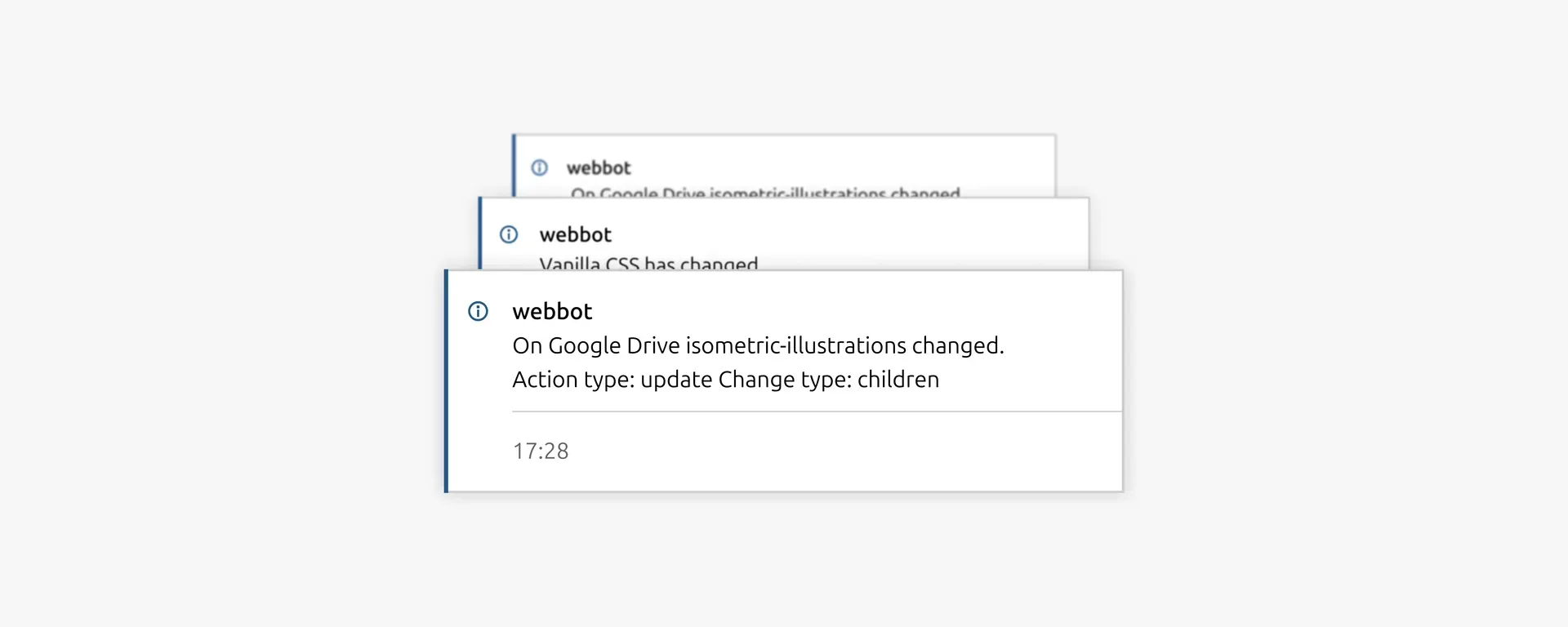 Screenshot of Figma notification system showing multiple overlapping notifications from 'webbot' about changes to Google Drive isometric-illustrations and other updates