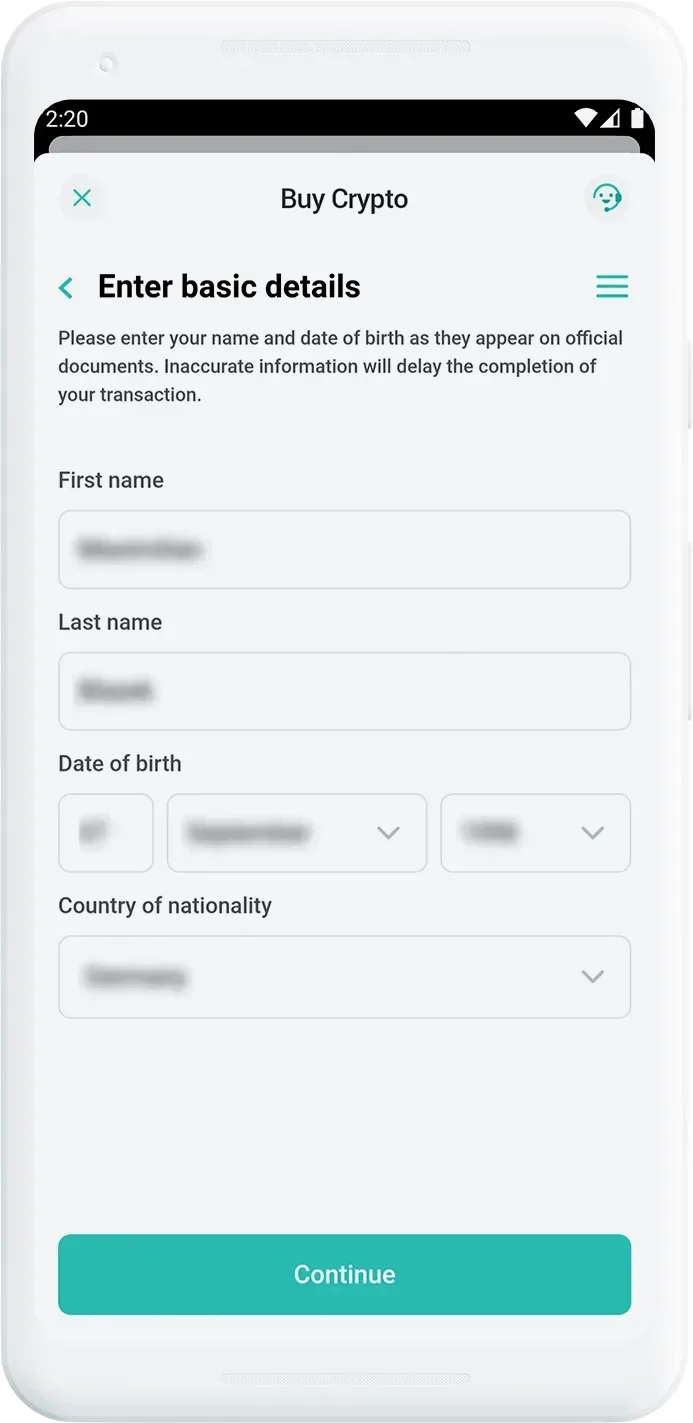 Mobile crypto purchase KYC form titled 'Enter basic details' with fields for first name, last name, date of birth, and country of nationality