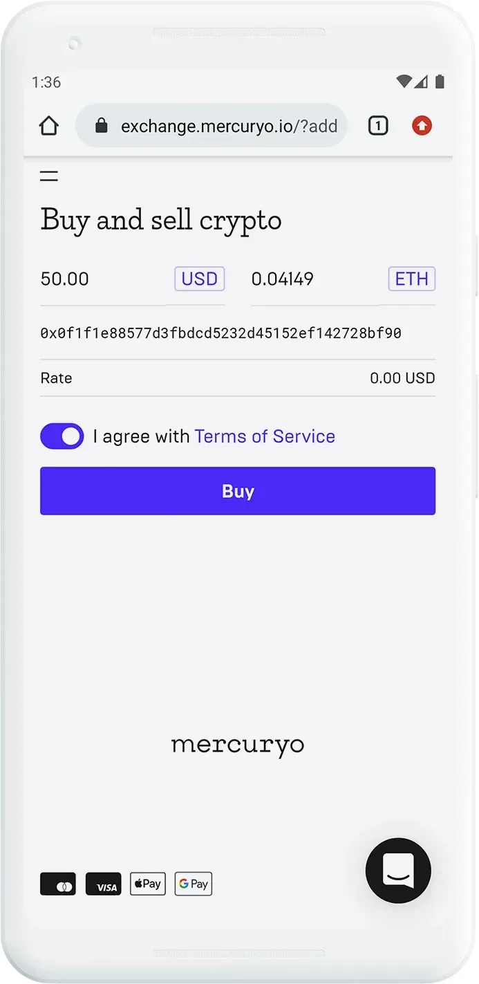 Mercuryo exchange interface showing 'Buy and sell crypto' with USD to ETH conversion, displaying a long crypto address and payment options