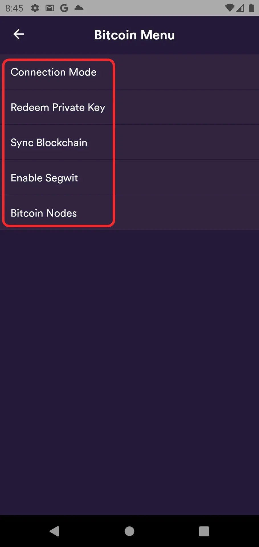 Bitcoin wallet settings menu showing technical options including Connection Mode, Redeem Private Key, Sync Blockchain, Enable Segwit, and Bitcoin Nodes, all highlighted in red box