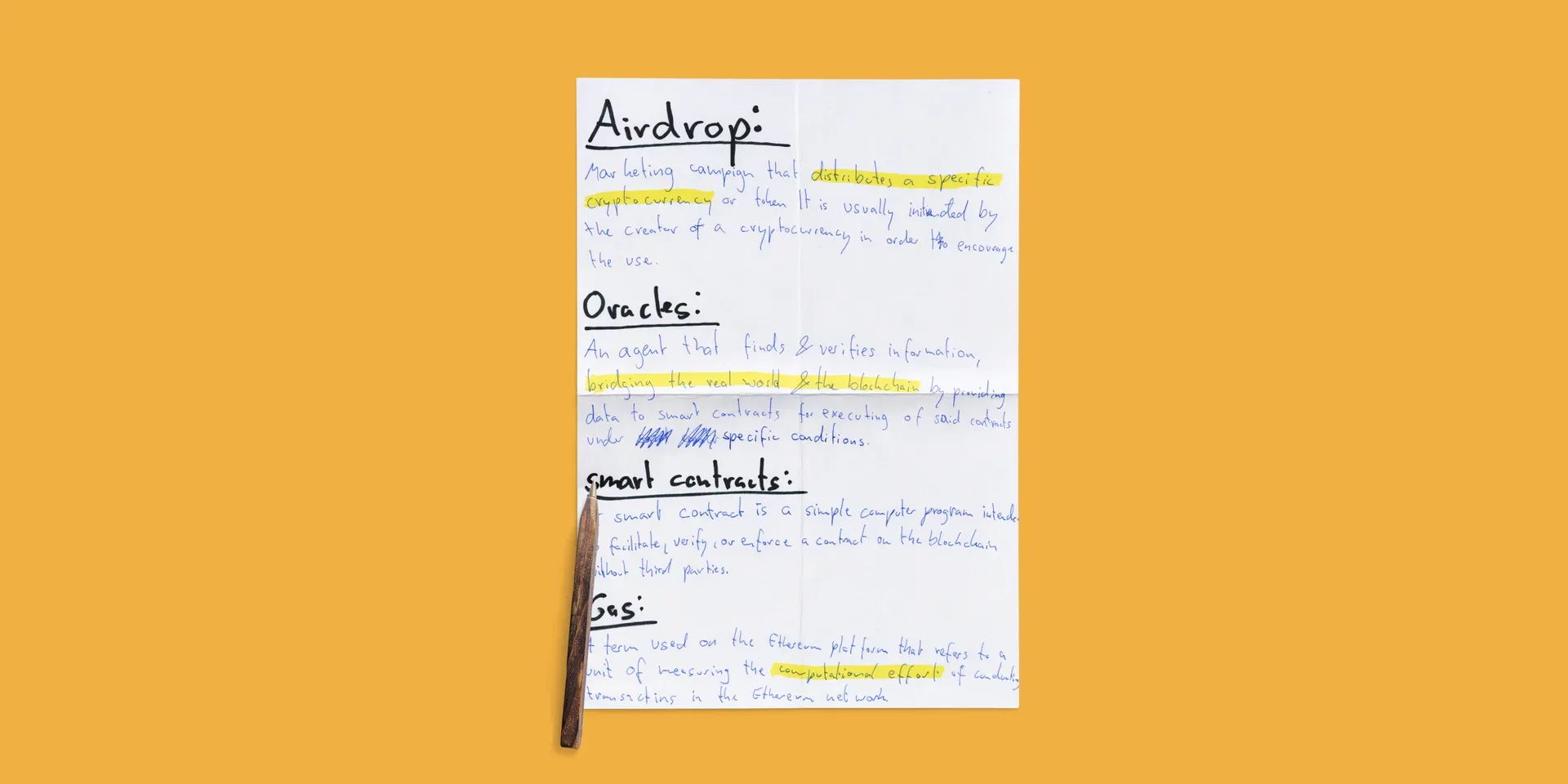 Handwritten notes on white paper defining crypto terms: Airdrop (marketing campaign that distributes cryptocurrency), Oracle (agent that finds & writes information), Smart contracts (simple computer program), and Gas (term used on Ethereum platform for measuring computational effort)