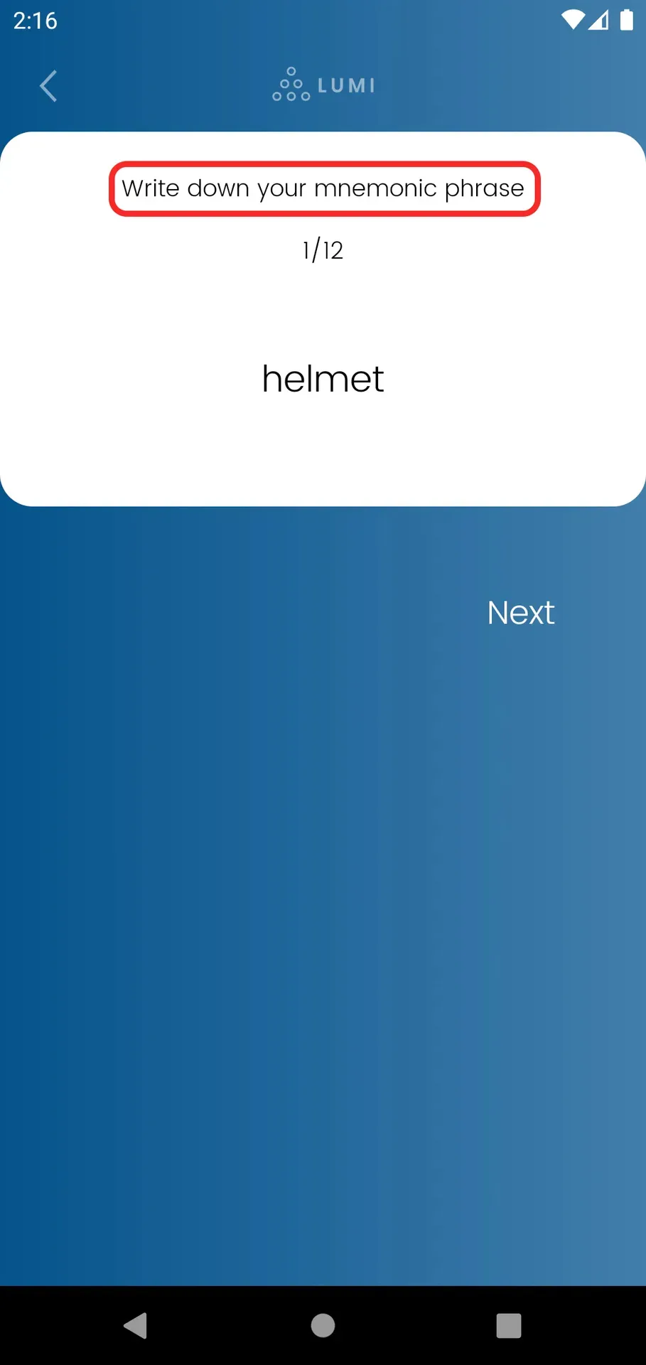 Lumi wallet interface showing mnemonic phrase entry with 'Write down your mnemonic phrase' instruction highlighted in red, displaying word '1/12: helmet' and Next button