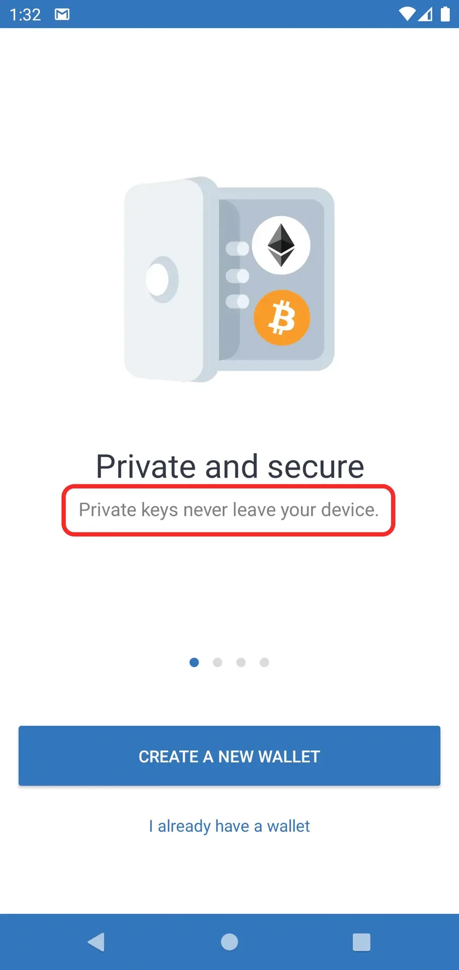 Mobile wallet onboarding screen showing vault illustration with Ethereum and Bitcoin logos, title 'Private and secure' with 'Private keys never leave your device' highlighted in red box