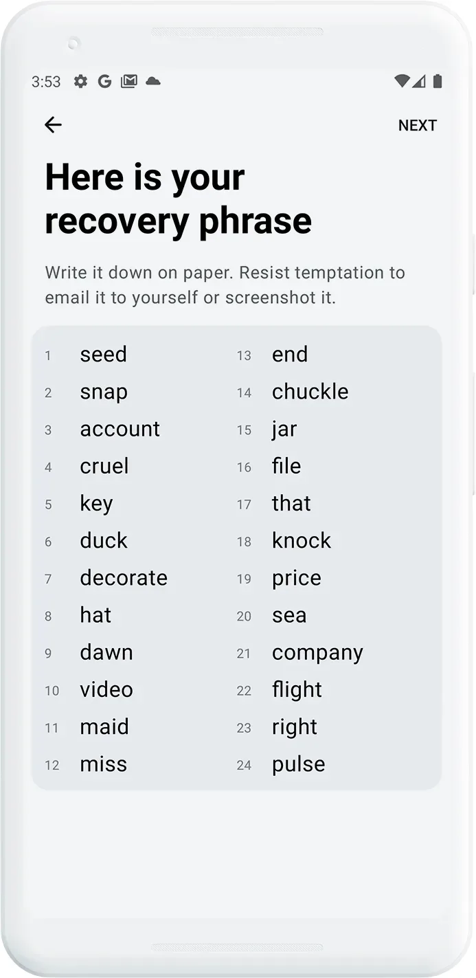 Mobile wallet recovery phrase screen titled 'Here is your recovery phrase' with 24 numbered words from 'seed' to 'pulse', with instructions to write it down and resist temptation to email or screenshot it