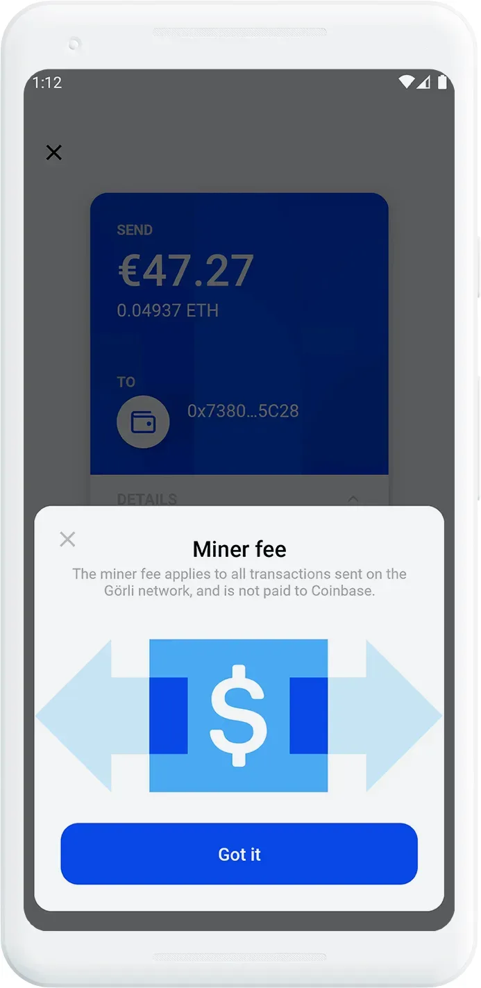 Mobile wallet smart contract interaction warning screen with caution icon, explaining contract interactions and asking user to confirm they understand the risks