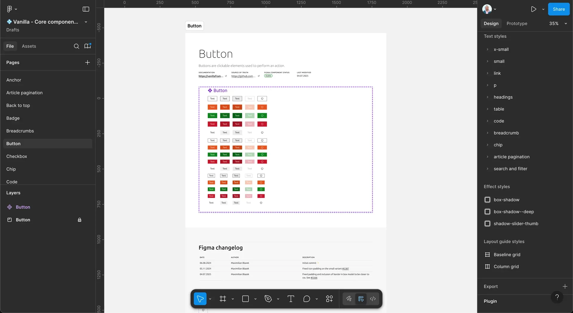 Figma design interface showing button component variants with different states (Text, Icon, etc.) and color combinations (orange, green, red) in a grid layout, plus changelog section showing recent updates to button components
