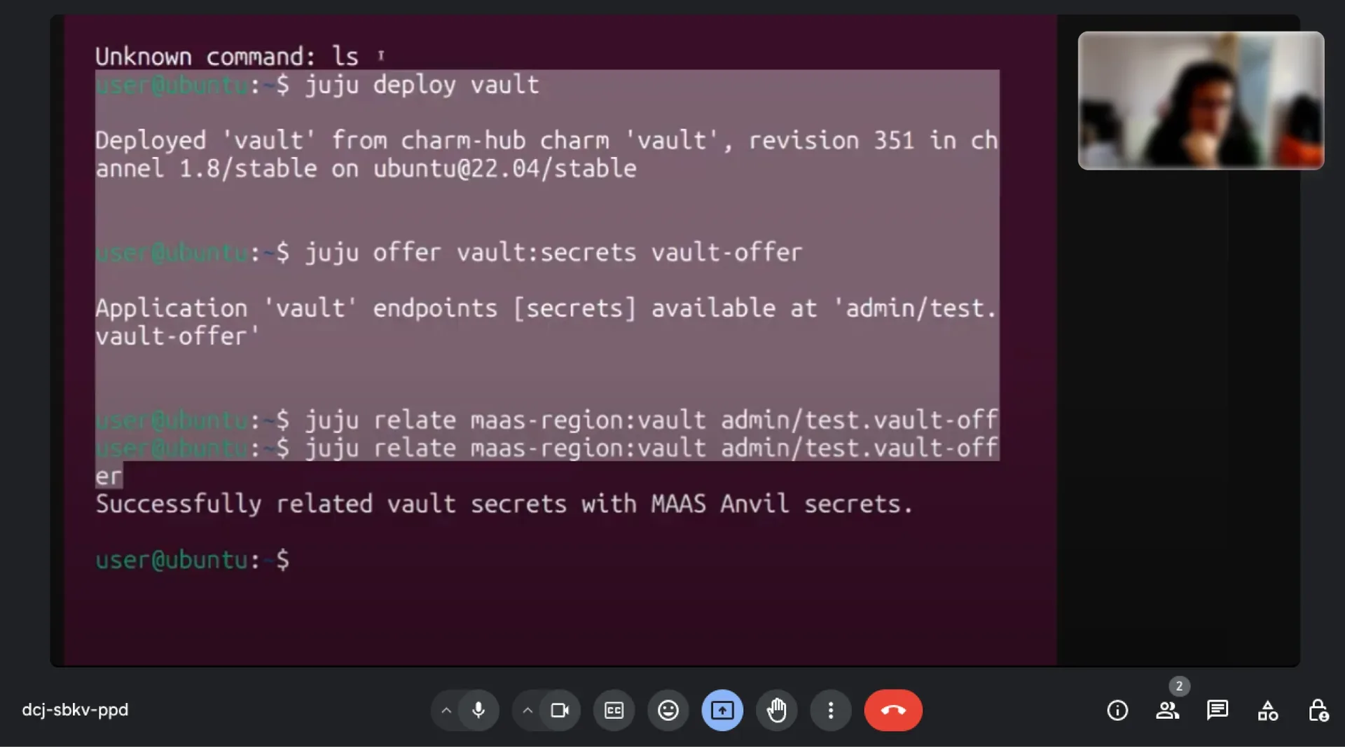 Screen recording of a user testing session showing terminal interface with Juju commands for vault deployment, with participant's face visible in small window overlay during remote testing session