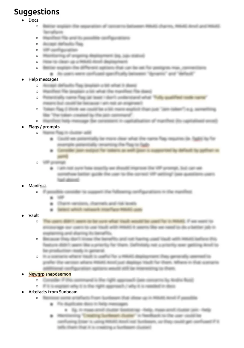 Research suggestions document with categories for Docs, Help messages, Flags/prompts, Manifest, Vault, and Newgrp snapdaemon, showing specific improvement recommendations for each area