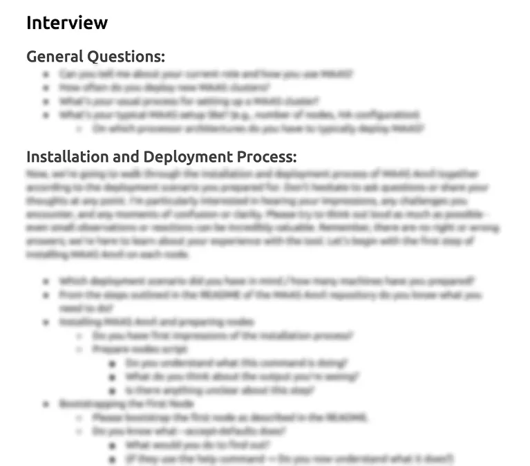 Interview guide document with sections for general questions, installation and deployment process, including specific prompts about user workflows and pain points