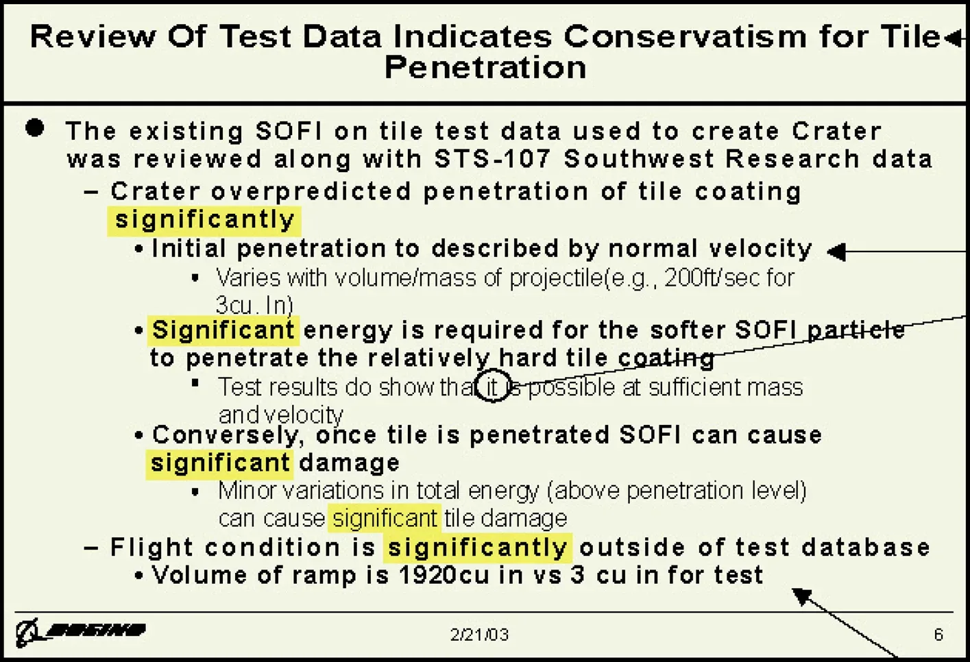 NASA PowerPoint slide from Columbia accident investigation showing complex risk assessment data in poorly formatted bullet points, demonstrating ineffective presentation design that contributed to communication failures